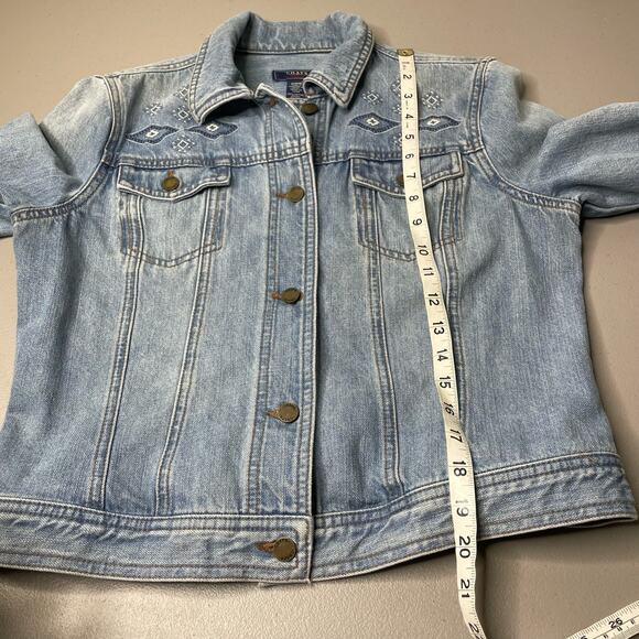 Chaps Vintage Cropped Trucker Denim‎ Jacket Embroidery Detail Collared Blue M - Picture 10 of 11